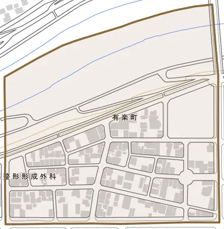 有楽町とその周辺の地図。町の範囲を重ねている