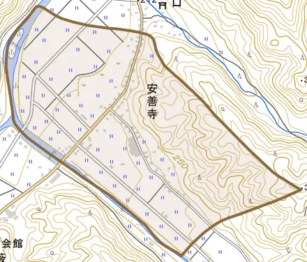 安善寺とその周辺の地図。町の範囲を重ねている