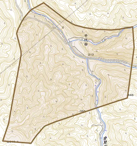 千代谷とその周辺の地図。町の範囲を重ねている