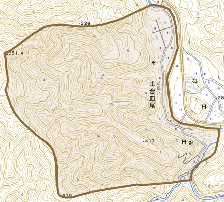 土合皿尾とその周辺の地図。町の範囲を重ねている