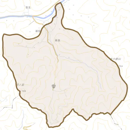 東俣とその周辺の地図。町の範囲を重ねている