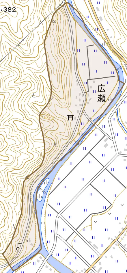 広瀬とその周辺の地図。町の範囲を重ねている