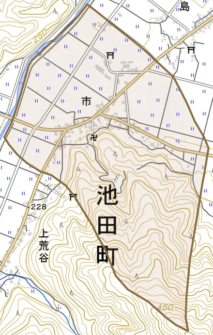 市とその周辺の地図。町の範囲を重ねている