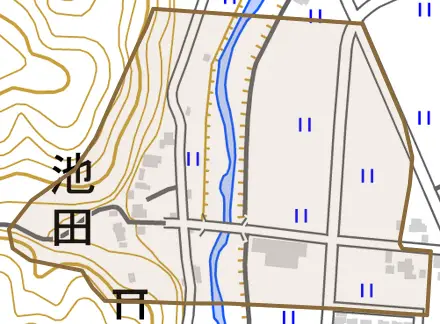 池田とその周辺の地図。町の範囲を重ねている