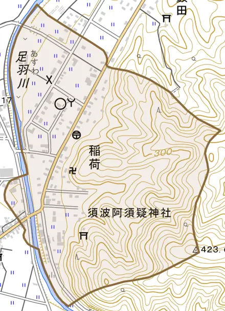 稲荷とその周辺の地図。町の範囲を重ねている