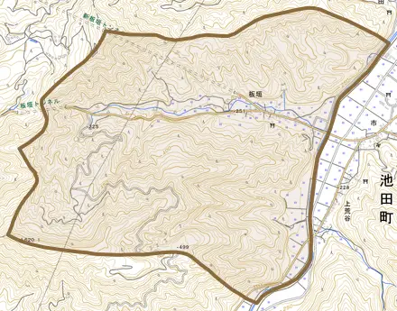 板垣とその周辺の地図。町の範囲を重ねている