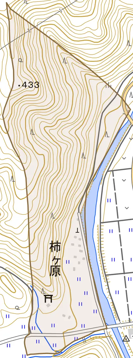 柿ケ原とその周辺の地図。町の範囲を重ねている