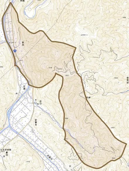 野尻とその周辺の地図。町の範囲を重ねている