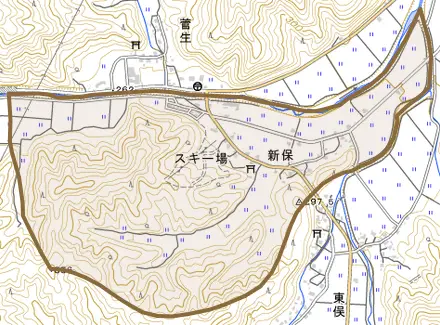 新保とその周辺の地図。町の範囲を重ねている