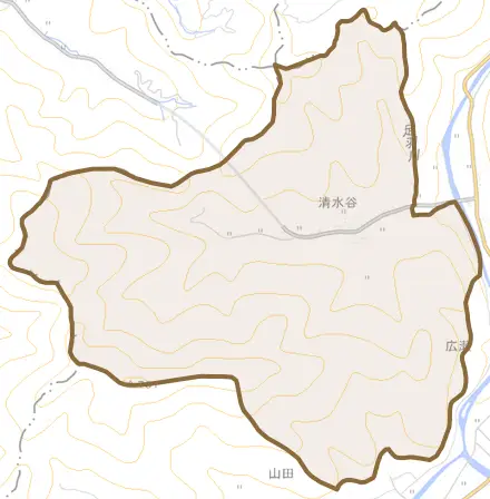清水谷とその周辺の地図。町の範囲を重ねている