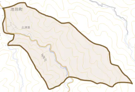 志津原とその周辺の地図。町の範囲を重ねている
