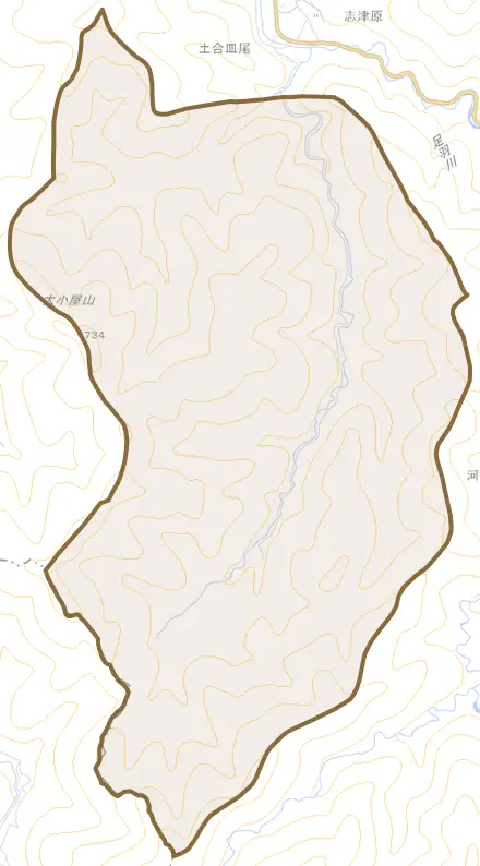 割谷とその周辺の地図。町の範囲を重ねている