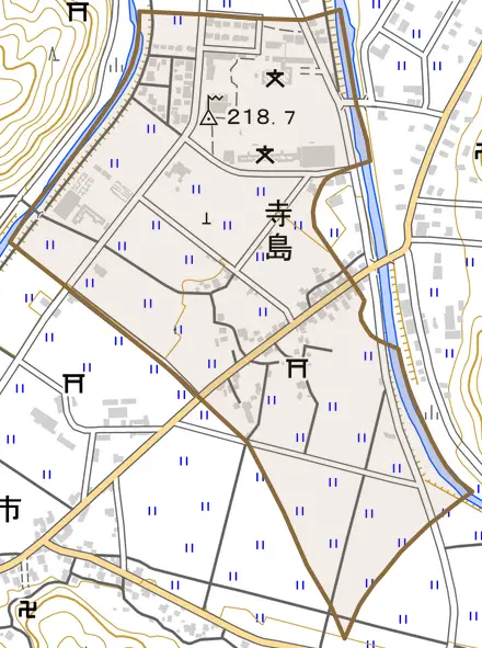寺島とその周辺の地図。町の範囲を重ねている