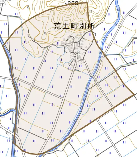 荒土町別所とその周辺の地図。町の範囲を重ねている