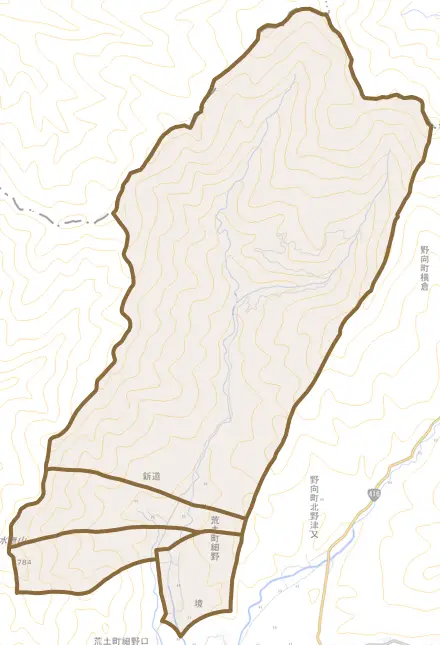 荒土町細野とその周辺の地図。町の範囲を重ねている