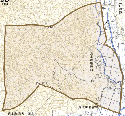 荒土町細野口とその周辺の地図。町の範囲を重ねている