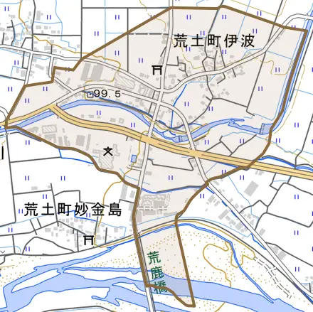 荒土町伊波とその周辺の地図。町の範囲を重ねている