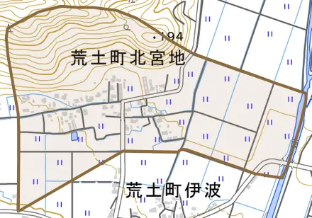 荒土町北宮地とその周辺の地図。町の範囲を重ねている
