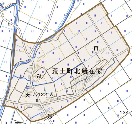 荒土町北新在家とその周辺の地図。町の範囲を重ねている