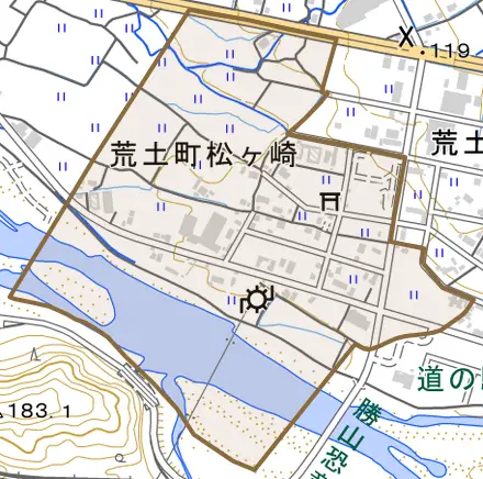 荒土町松ヶ崎とその周辺の地図。町の範囲を重ねている