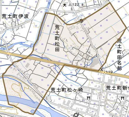 荒土町松田とその周辺の地図。町の範囲を重ねている
