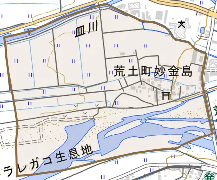 荒土町妙金島とその周辺の地図。町の範囲を重ねている