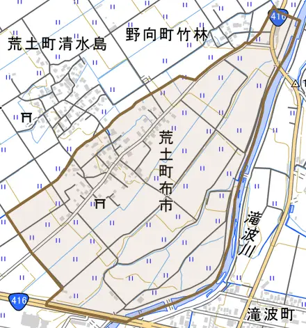 荒土町布市とその周辺の地図。町の範囲を重ねている