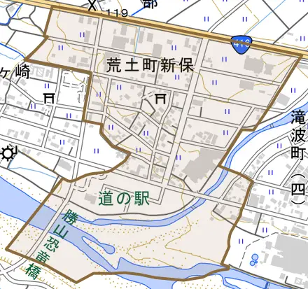 荒土町新保とその周辺の地図。町の範囲を重ねている