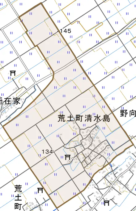 荒土町清水島とその周辺の地図。町の範囲を重ねている