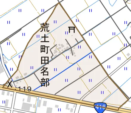 荒土町田名部とその周辺の地図。町の範囲を重ねている