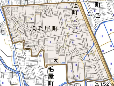 旭毛屋町とその周辺の地図。町の範囲を重ねている