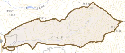 平泉寺町平泉寺とその周辺の地図。町の範囲を重ねている