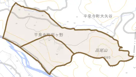 平泉寺町岩ヶ野とその周辺の地図。町の範囲を重ねている