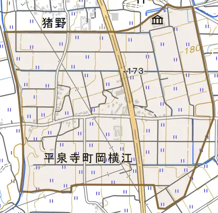 平泉寺町岡横江とその周辺の地図。町の範囲を重ねている