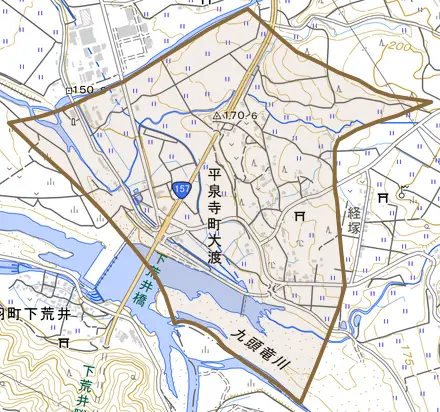 平泉寺町大渡とその周辺の地図。町の範囲を重ねている