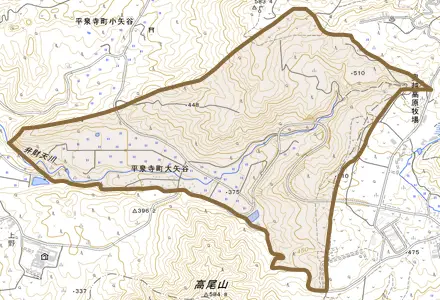 平泉寺町大矢谷とその周辺の地図。町の範囲を重ねている