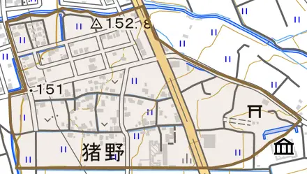 猪野とその周辺の地図。町の範囲を重ねている