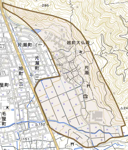 片瀬とその周辺の地図。町の範囲を重ねている