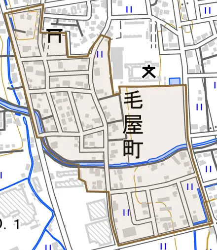 毛屋町とその周辺の地図。町の範囲を重ねている