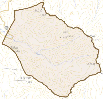 北谷町小原とその周辺の地図。町の範囲を重ねている