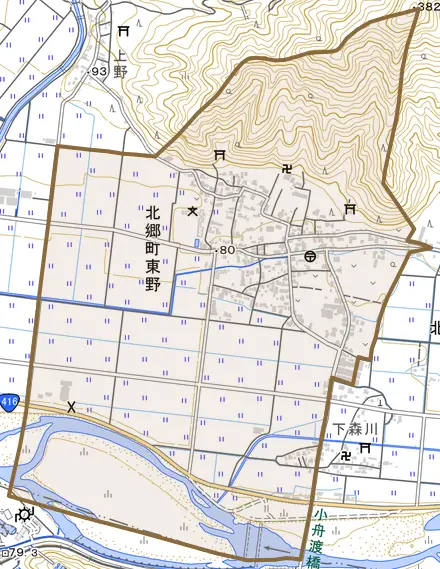 北郷町東野とその周辺の地図。町の範囲を重ねている