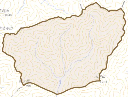 北郷町岩屋とその周辺の地図。町の範囲を重ねている