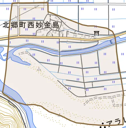 北郷町西妙金島とその周辺の地図。町の範囲を重ねている