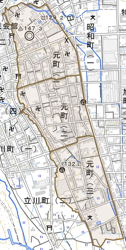 元町とその周辺の地図。町の範囲を重ねている