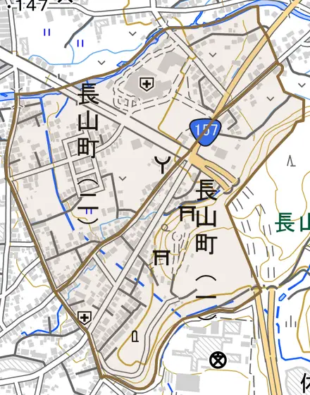 長山町とその周辺の地図。町の範囲を重ねている