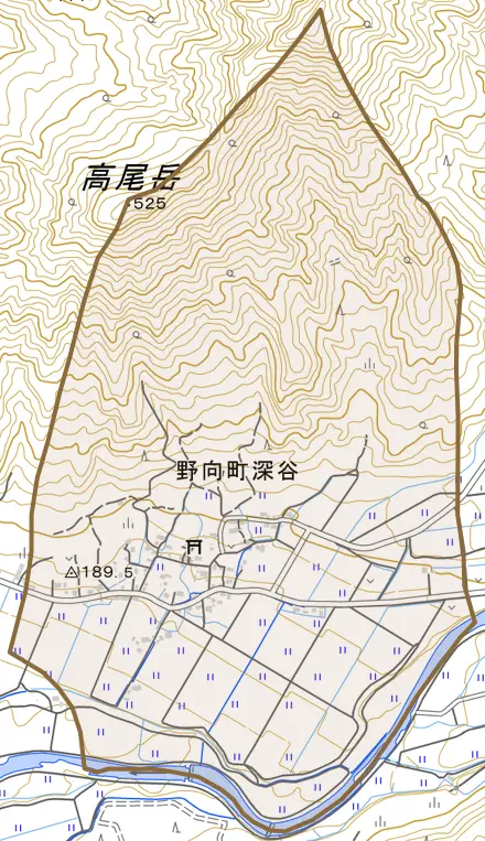 野向町深谷とその周辺の地図。町の範囲を重ねている