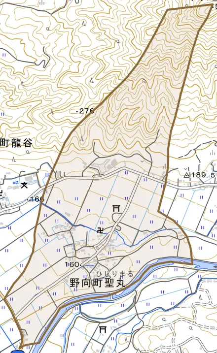 野向町聖丸とその周辺の地図。町の範囲を重ねている