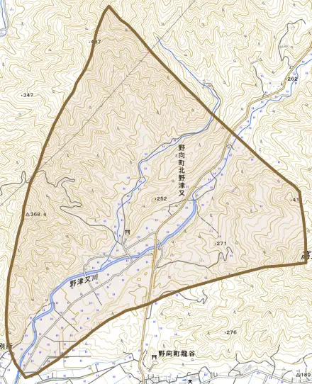 野向町北野津又とその周辺の地図。町の範囲を重ねている