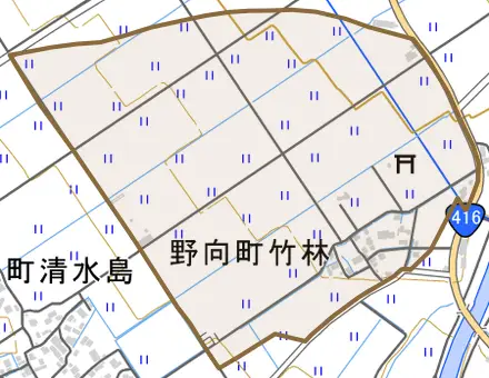 野向町竹林とその周辺の地図。町の範囲を重ねている