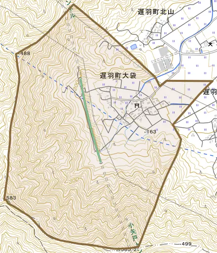 遅羽町大袋とその周辺の地図。町の範囲を重ねている